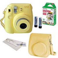 Fujifilm Yellow Insta Mini kamera, paket kamere, žuta futrola za kameru, listovi filma, čistač za čišćenje