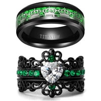 Podudarni prstenovi kruni Par prsten zeleni 1CT CZ Ženski vjenčani prsten set muški titanijum bend
