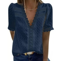 LeylayRay vrhovi za žene Ženska modna čipka kratki rukav Ležerna majica V-izrez Solid Boja vrhova plava