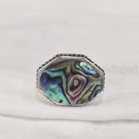 Abalone Shell prsten, prirodna ravna abalonska ljuska, srebrni nakit, srebrni prsten, srebrni prsten,