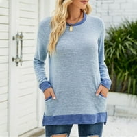Pulover za ženske džemper s dugim rukavima vrhovi modne džepne dukseve za spajanje okruglih vrata majice