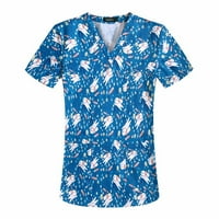 HHEI_K Ženska stalna odjeća s kratkim rukavima V-izrez s džepovima ispisane vrhove Bluze za žene srušeno casual