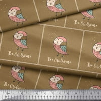 Soimoi Brown Japan Crepe saten tkanina Tekst i sova Bird tiskani tkanini širok