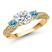 Gem Stone King 18k žuti pozlaćeni srebrni bijeli Topaz Swiss Blue Topaz i bijeli moissan zaručni prsten