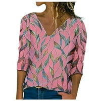 GDFUN ženska ležerna modna pulover labavi V-izrez list Ispis dugih rukava na vrhu majica