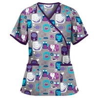 Tking Fashion Wemens Criptible Labavi kratki rukav Ispiši vrhove Ljeto V izrez Radna uniforma Bluze