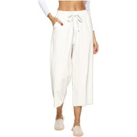 Ženske posteljine hlače visoke struk široke noge casual labave pantalone sa džepovima bijeli m