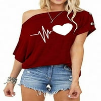Eleluny Women Heart Print Baggy Majica kratki rukav na vrhu ramena bluza vino crveno xl