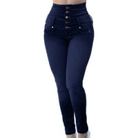 Ganfancp nove hlače Žene visokog struka Skinke Skine Slatke hlače Calf Dužina Jednobojna Jeans Tamno plava S # Ponude dana Glavni klirens