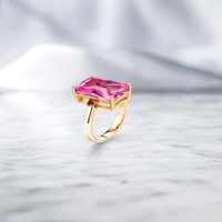 GEM kamen King 10. CT Pink stvorio Sapphire Crveno Napravljeno Ruby 18K žuti pozlaćeni srebrni prsten