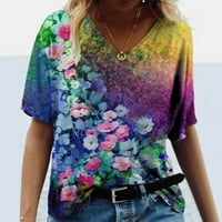 Bazyrey Womens V-izrez ženska cvjetna bluza s kratkim rukavima Summer Casual Tunic majice ljubičasta