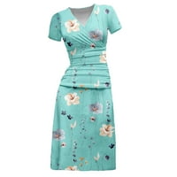 Ljetna haljina za čišćenje ženskog tiska s kratkim rukavima V-izrez Dugi haljina nebesko plava