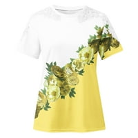 Ljetni vrhovi za žene casual vintage cvjetni print šuplji čipkasti patchwork posada kratkih rukava majica