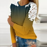 TKLpehg ženske modne majice s dugim rukavima casual crewneck čipka patchwork rukav slatki vrhovi gradijent