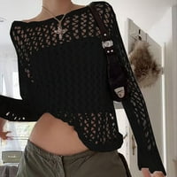 Pad džemperi za žene plus veličine pletena gornja dugih rukava Crochet šuplji izleti na vrhu crne boje