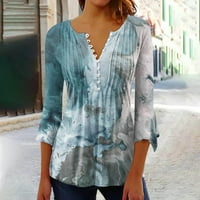 HHEI_K Dugme dolje majice za žene Print Tunic Ljetni vrhovi Dressy Casual Bell rukava V izrez opružne bluze