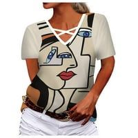 Ženski krst V-izrez izdubljeni labavi modni apstraktni lica leptir Print Usredni mekani majica kratkih