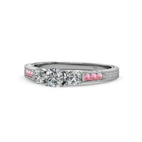 Diamond Milgrain Tri kameni prsten s ružičastim turmalinom na bočnoj traci 0. CT TW u 14k bijelo zlato