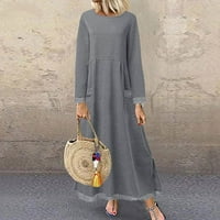 CETHRIO haljine za žene duge čvrste džepove čipke čipke dugih rukava Siva haljina veličine l