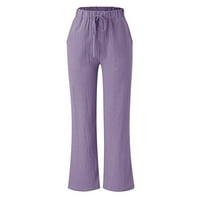 Ženske pune boje rešene džepove labave casual široke noge pamučne posteljine casual hlače hlače labave