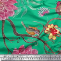 Zelena pamučna pattna pamučna tanka ptica, lišće i cvjetna tiskana tkanina od dvorišta široko