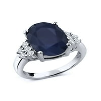 Gem Stone King 6. CT ovalni plavi safirni bijeli dijamantski srebrni prsten