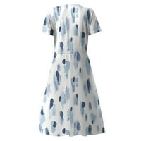 Clearsance Ljetne haljine za žene V-izrez Moda Mid-duljina tiskana A-line kratkih rukava za odmor bijela