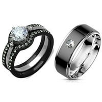 Njegova je njena dva tona crna nehrđajućeg čelika krug CZ svadbeni prsten set muški okvir set CZ Vjenčana