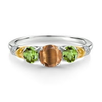 Gem Stone King 2. CT ovalni smeđi tigar oči zeleni peridot srebrni i 10k žuti zlatni dijamantni prsten