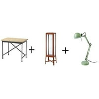 IKEA DESK, Bor, ormar za crnu staklenu vrata, crveno-smeđa smeđa, radna lampa, zelena