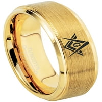 Muški masonski tungsten prsten - Freemason masonski simbol prsten četkani žuto pozlaćeno volfram karbidne