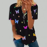 Penkaiy ženska modna labava udobnu udobnu V-izrez Zip Print kratki rukav Top bluza plus veličine T-majice
