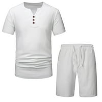 Muški pamučni posteljina set Henleyji košulja kratkih rukava Casual Plažni kratke hlače Ljetna joga