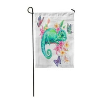 Akvarel zelena kameleon sa leptirima Tropsko cvijeće grančice i ostavlja vrtnu zastavu ukrasna zastava