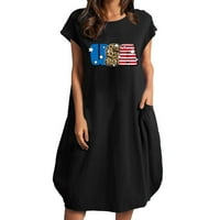 Yinguo Dame ispisane haljine s kratkim rukavima za žene Ljetne okrugle haljine sa džepom 4. jula SAD-a
