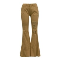 Wozhidaoke pantalone za žene dama visokog struka Pokretača rupa u boji Jeans Trim elastična traka prikazuje