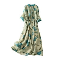 Dyegold posteljina haljina za žene retro v izrez kratki rukav maxi duge haljine Ljetna casual labavo