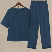 Dvije odijelo za žensku set vježba Jogger TrackSums Ljeto odijelo Žensko ljeto Print pola rukava okrugli vrat obrezani top + casual pants odijelo set dva salon mornarice xxl