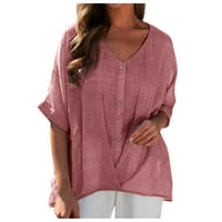 Žene ljetne vrhove kratki rukav čvrsta blusa casual ženska majica V-izrez ružičasta s