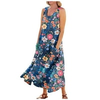 Bazyrey ljetne haljine za žene cvjetne džepove haljine ženski scoop vrat casual bez rukava haljine plavi