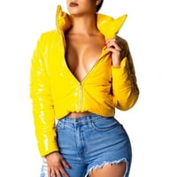 Ženska modna sjajna kožna kožna kožna kruha dolje jakna džepova sa zatvaračem kaput žutog m