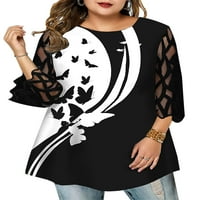 Qinavy ženske plus veličine Leptir tiskane crne i bijele modne mrežice majice