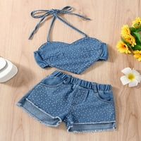 Peyakidsaa Kids Toddler Baby Girl Ljetna odjeća odijela Dot Print Heart Denim Camisole + Ripped Jeans