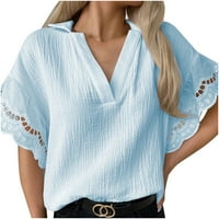 HHEI_K Cropovi za žene Trendy Ženska modna ljetna čipka Vrata V izrez Solid Boja kratki rukav Ležerne majice