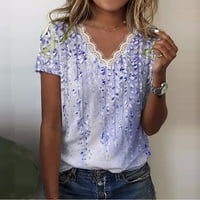 Ljetni cvjetni tiskani vrhovi za žene Crochet čipke TRIM V izrez T košulje Casual Labavi pulover majice