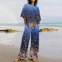 Ženske ljetne odjeće Okrugli vrat Crop Basic Top Obrezane široke hlače za noge Postavite JumpSuits plavi
