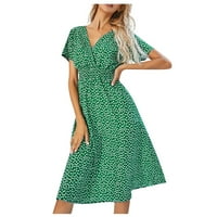 Modni ženski povremeni V-izrez otisnut midi suknja elastična haljina struka, zelena, xl