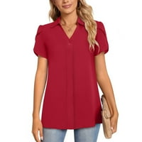 Ženski ljetni bluze V-izrez čvrsti bluza s kratkim rukavima crveni m