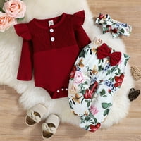 Dječja djevojka odjeća s dugim rukavima rebraste rukavske rode, cvjetne ispisane hlače Trake za glavu jesen 3- mjeseci