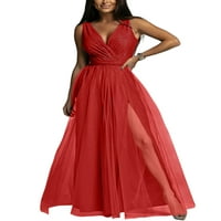Niuer Dame Maxi haljine bez rukava duga haljina V izrez Ljeto plaža Sundress Looja boja crvena 2xl